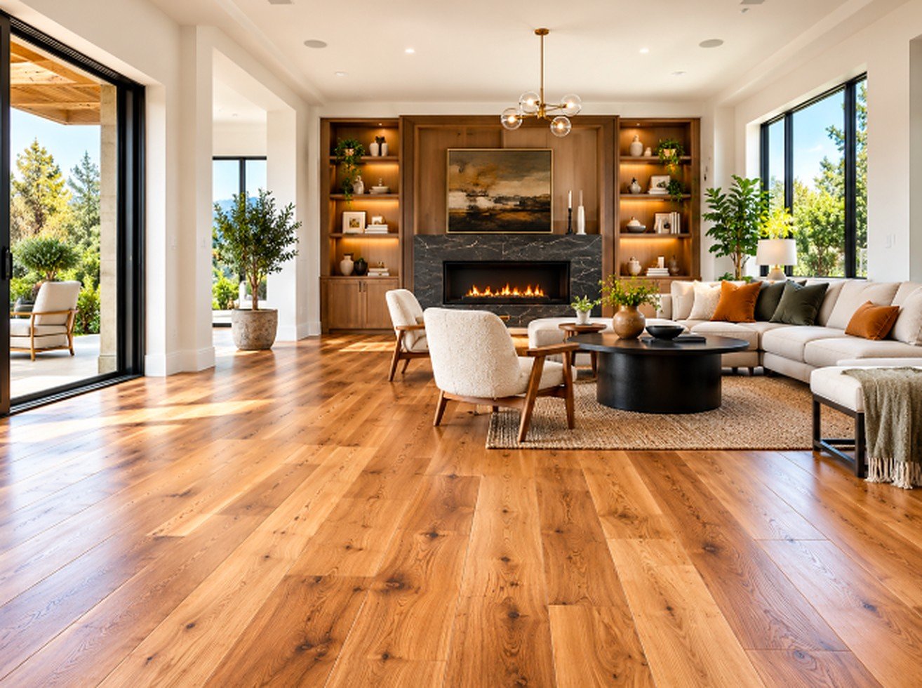Living room with wide plank oak hardwood flooring installed by VIP Wood Flooring Los Angeles