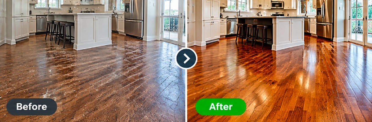 Before and after: Kitchen Hardwood Floor Refinishing by VIP Wood Flooring Los Angeles