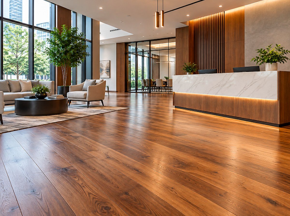 Modern office reception and lobby with wide plank hardwood flooring