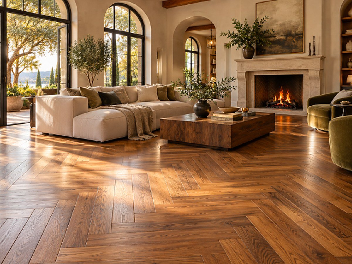 Living room with a herringbone hardwood floor and fireplace