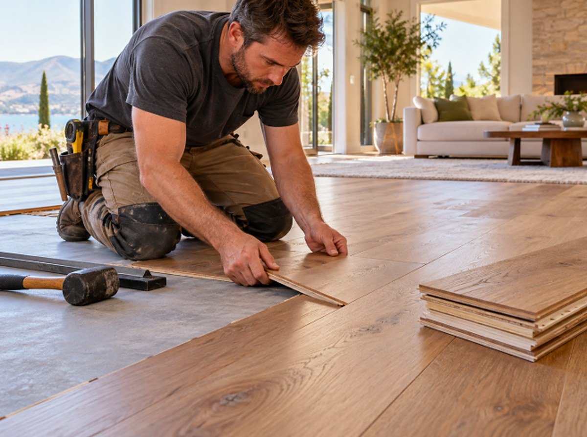 Engineered wood planks being installed over a prepared concrete subfloor