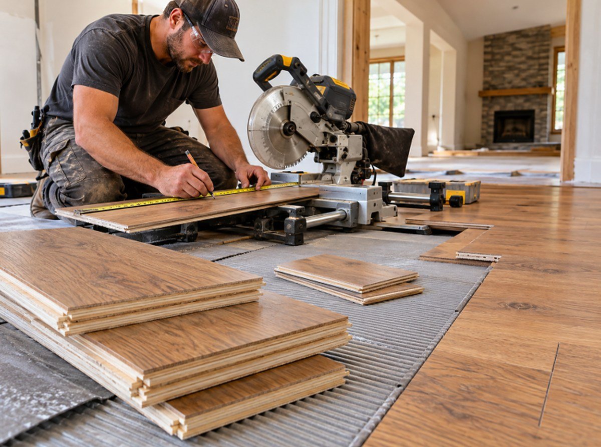Installer measuring and cutting engineered wood planks with a miter saw on site