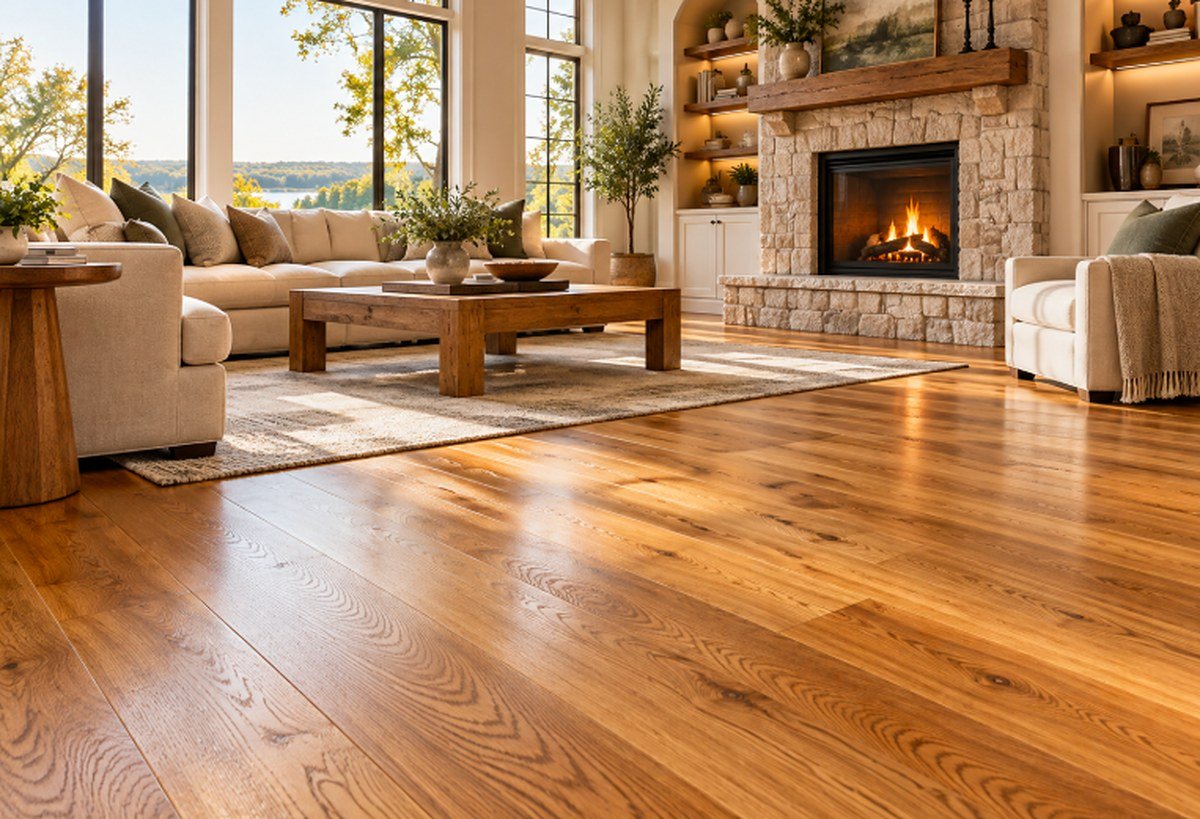 Living room with natural oak hardwood in a soft satin finish