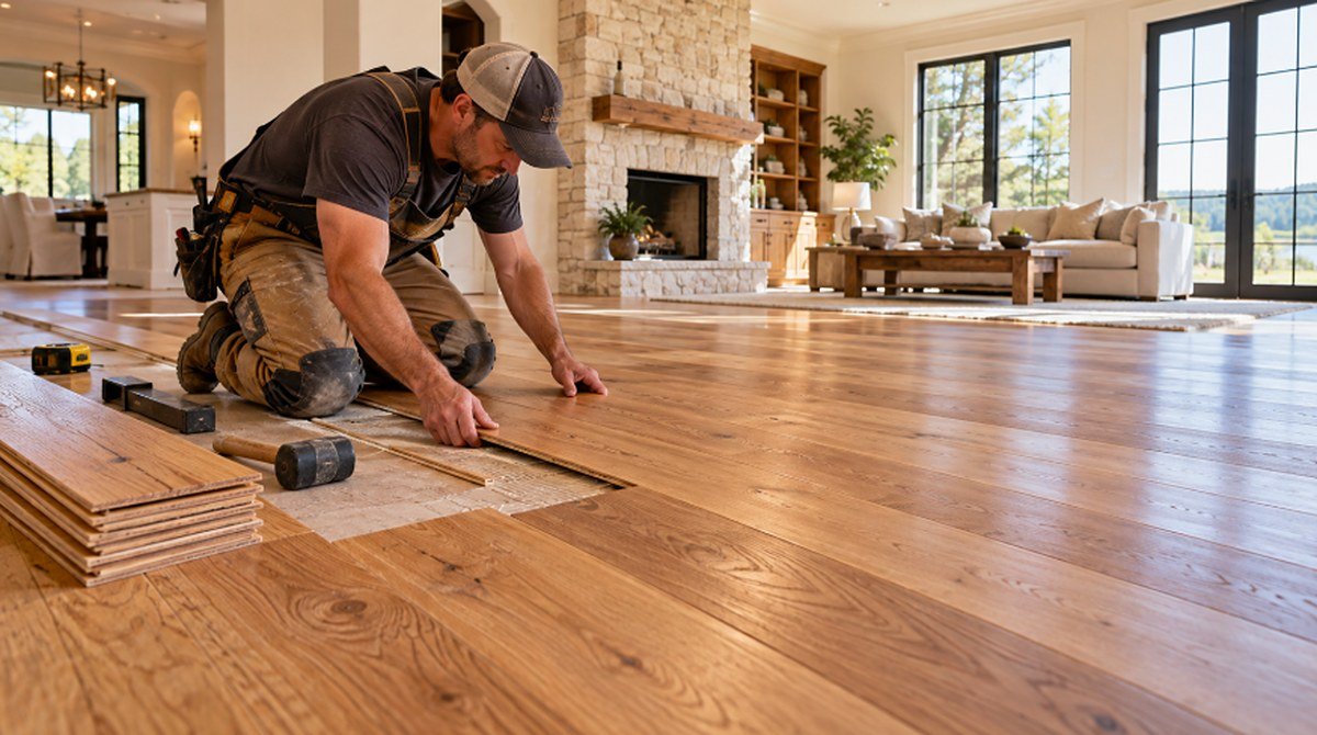 Installer laying new oak hardwood planks in an open-plan living room