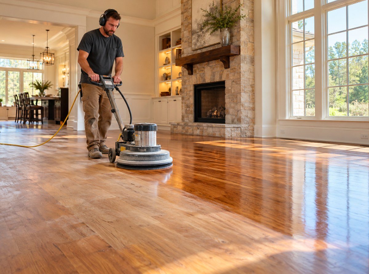 Technician buffing a hardwood floor during a screen and recoat