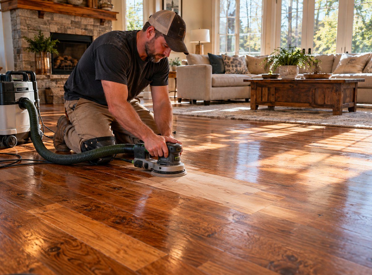 Technician sanding a repaired section of hardwood floor to blend it with the surrounding finish