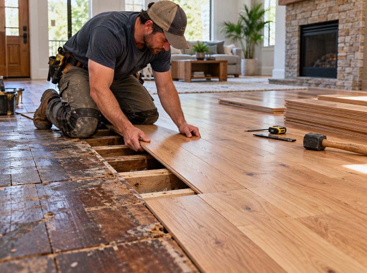 Installer fitting new hardwood boards into a partially replaced floor section