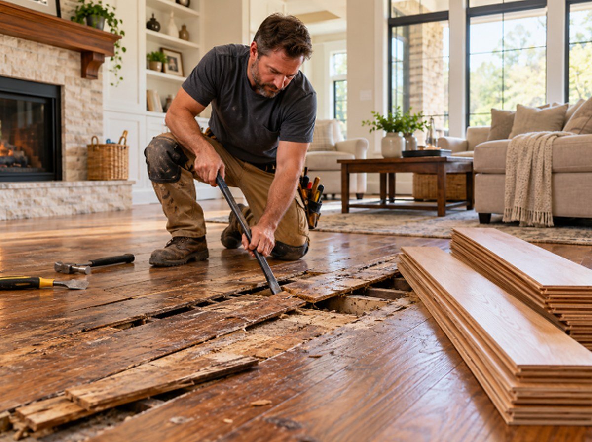 Removing damaged old hardwood boards with a pry bar before installing new flooring