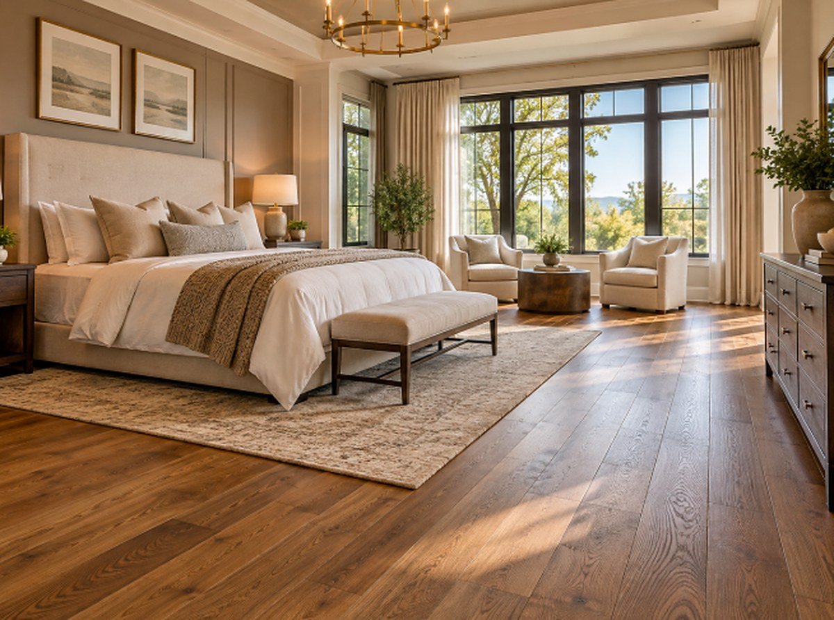 Primary bedroom with warm oak hardwood flooring and large windows