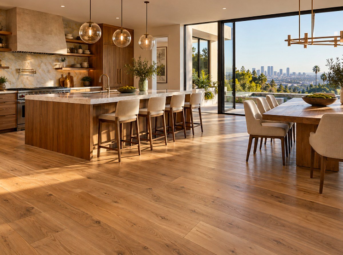 Open-concept kitchen and dining area with light wide plank oak flooring and a Los Angeles view