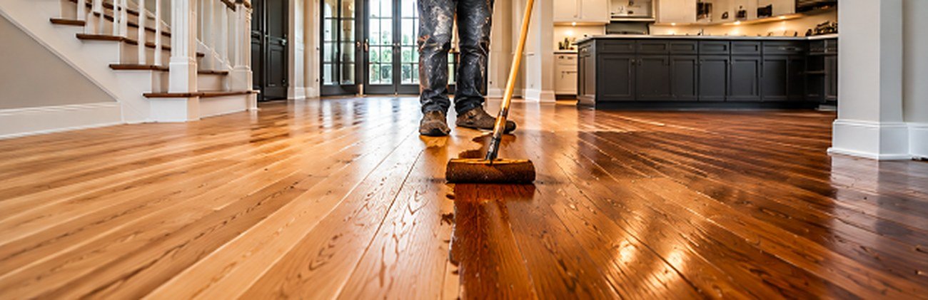 Applying stain to hardwood floors in a home with a staircase and dark kitchen cabinets