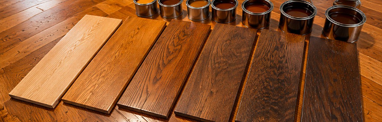 Hardwood stain sample boards from light natural to dark brown with stain cans
