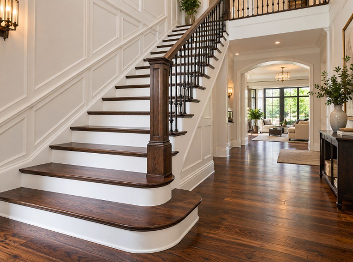 Staircase with dark stained hardwood treads matching the hallway hardwood floor