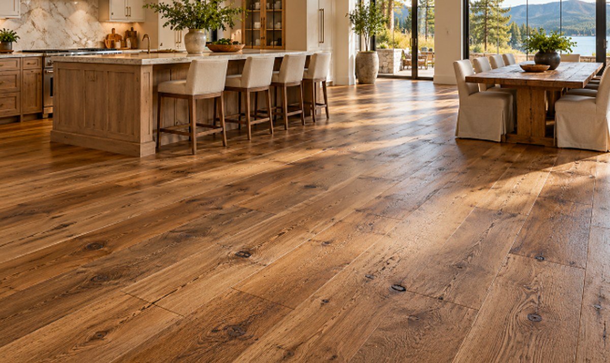 Open kitchen and dining room with wide plank rustic character oak flooring