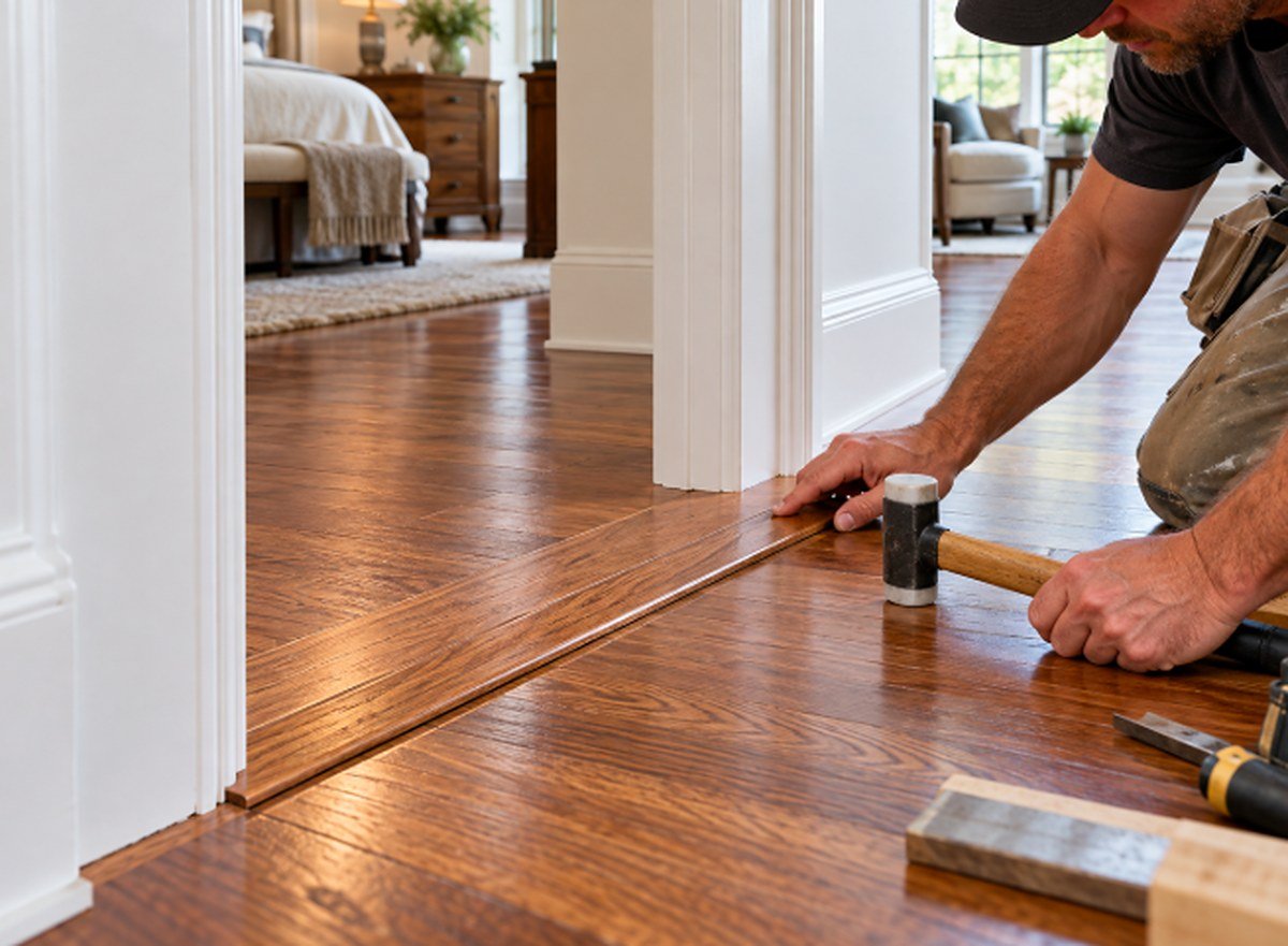 Installer fitting a hardwood threshold transition in a doorway